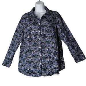 Talbots Woman 1X Button Down Shirt Blue Purple Green Paisley Cotton Corduroy
